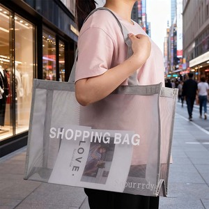 حقيبة تسوق شبكية كبيرة شفافة بشعار مخصص ، حقيبة يد نايلون متينة قابلة لإعادة الاستخدام مع زر المفاجئة للإغلاق ، حقائب حمل بقالة - Product Image 6