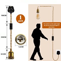 Cordon d'alimentation standard britannique avec interrupteur et prise, luminaire suspendu LED décoratif, support de lampe vintage en corde E27 avec support de lampe de plafond