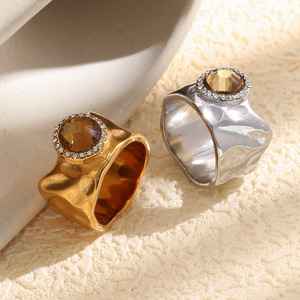 Stainless Steel Hammered Wide Band <b>Ring</b> 18K Gold Plated Citrine Zircon Vintage <b>Statement</b> Finger <b>Ring</b> For Women Jewelry Gift - Product Image 4