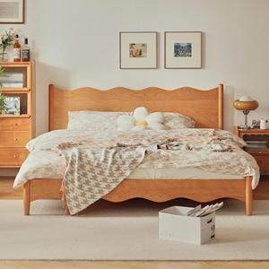 Yangge Nordic Solid Wood <b>Bed</b> Cherry Wood 1.8M <b>Double</b> <b>Platform</b> <b>Bed</b> Japanese Style Wave Pattern Simple Design - Product Image 1