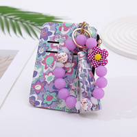 Gelang Kunci Kulit Motif Bunga Bohemian Gaya Baru dengan Gantungan Kunci, Tempat Kartu, Manik-Manik Silikon, dan Dompet