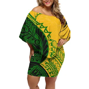 Yellow green print Shawl Dress custom Polynesian frill dress Fat woman on summer beach off shoulder Dress with Shawl low price