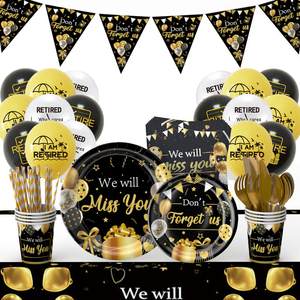 Assiettes, serviettes et gobelets noirs et dorés sur le thème <span class=keywords><strong>de</strong></span> la <span class=keywords><strong>retraite</strong></span> pour 10 invités pour célébrer la fête <span class=keywords><strong>de</strong></span> la <span class=keywords><strong>retraite</strong></span> - Product Image 1