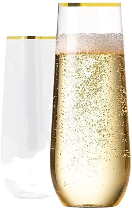 9 Oz Plastic Champagne Flutes Stemless Gold Rim Glass Plastic Wine Glasses Cocktail Parties