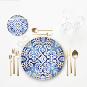 Venta al por mayor de alta calidad vintage azul con Adorno de oro de la boda, vajilla de fiesta evento alquiler - Product Image 1