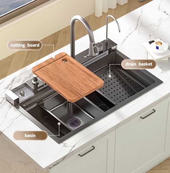 Modern Black Flying Rain Waterfall Smart Kitchen Sink