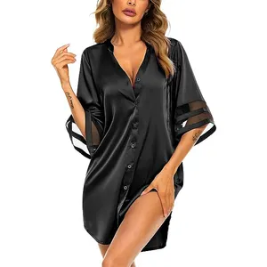 Women's Satin Nightgown Silk Pajamas Button Down Sleepshirt Sexy Boyfriend Night Shirts 3/4 Sleeve
