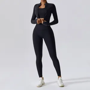 Compressione comodo reggiseno ad asciugatura rapida e giacca pantaloni da Yoga nero Leggings Fitness 3 pezzi Sport da palestra set da donna allenamento