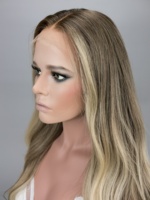 Peluca Judía Sin Pegamento con Nudos Individuales, Peluca con Encaje HD, Balayage Rubio Ombre, Larga y Ondulada, de Cabello Humano Virgen Natural para Mujeres Judías