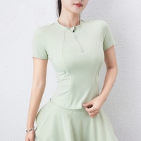 Pakaian Yoga Atasan Olahraga Lengan Pendek Wanita Kaos Setengah Resleting Musim Panas Lari Slim-fit Kerah Fitness