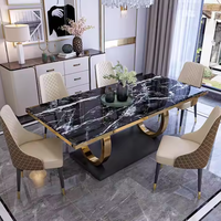 Table à Manger Moderne de Luxe en Marbre Ensemble 6 Chaises avec Plateau en Pierre Frittée Base en Acier Inoxydable Doré pour Bar Salle à Manger Meuble