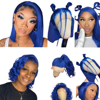 Wig Rambut Asli Manusia 4x4 Blue Bob 12 Inci, Wig Rambut Asli Lurus dengan Garis Rambut Alami untuk Wanita, Penggunaan Sehari-hari dan Pesta