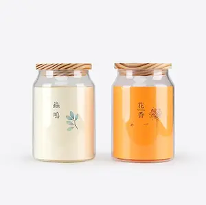Produtos chineses inovadores melhor qualidade jarra de vidro de mel com tampa de madeira
