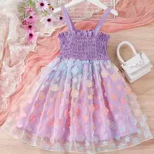 Милое детское летнее фиолетовое платье принцессы без рукавов с вышивкой в виде цветка Тюлевое платье