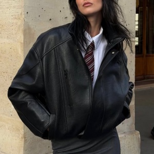 Nouvelle veste en cuir véritable pour femme, style décontracté, courte, avec fermeture éclair, veste en cuir vintage à épaules tombantes, veste bomber en cuir - Product Image 1