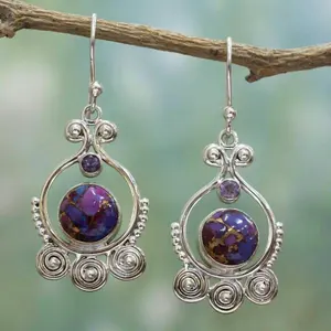 European Style Retro Purple Turquoise Pendant Earrings Simple Antique Silver Plated Earrings Trendy Rotating Amethyst Earrings