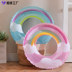 Inflatable Swim Ring With <b>Sequins</b> Cloud <b>Rainbow</b> Design For Children Swimming Pool Float - Product Image 2