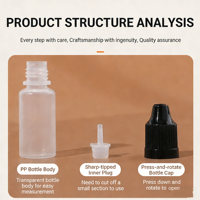 Botella transparente de 10 ml con tapón de seguridad PP, anillo antirrobo y tapón corto para gotas oftálmicas