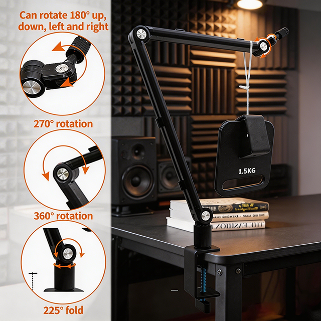 Factory Direct Adjustable Metal Microphone Stand Fixing Clips 360 Rotation Mic Stand Bracket Holder Live Broadcasting Live