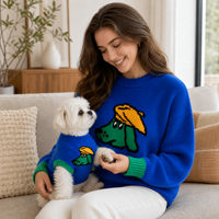Ensemble de pulls côtelés contrastants pour animaux de compagnie et propriétaires, motif chien de dessin animé mignon, jacquard, sur mesure, ODM, OEM, vente en gros