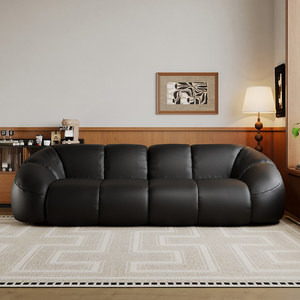 Sofá <span class=keywords><strong>Boom</strong></span> Vintage Negro de Cuero Genuino, Sofá Recto de 3 Plazas Estilo Calabaza para Sala de Estar Pequeña y Grande, Sofá de Estilo Mid-Century - Product Image 1
