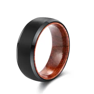 POYA แหวนทังสเตนสีดำขัดเงาสำหรับผู้ชายขนาด8มม. พร้อมแหวนแต่งงานด้านในทำจากไม้