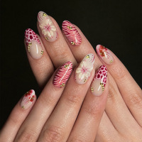 Faux Ongles à Presser 3D en Gel Bleu Amande Moyen avec Motifs Floraux et Paillettes – Design Avancé pour Manucure Française