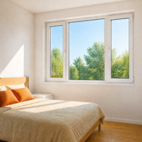 Ventana Abatible de Aluminio de Tres Paneles con Cristal Fijo Central Grande y Apertura Exterior en Ambos Lados para Balcón
