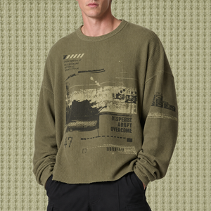 T-shirt Homme Noir Vintage Délavé Oversize à Épaules Tombantes, Manches Longues en Maille Gaufrée avec Ourlet Brut - Product Image 2