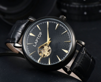 Prix de gros usine Montre de luxe classique pour homme, cadran en cristal saphir noir ajouré, automatique avec réserve de marche