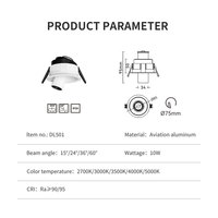 Spot encastré LED rétractable et réglable de 75 mm, sans cadre, blanc/noir, 10 W, pour plafond, maison, magasin, hôtel