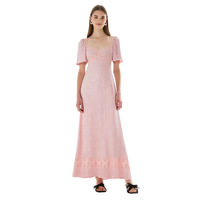 Robe longue d'été personnalisée pour femme, coupe ajustée, à pois roses, col carré, manches volantées, ourlet en dentelle