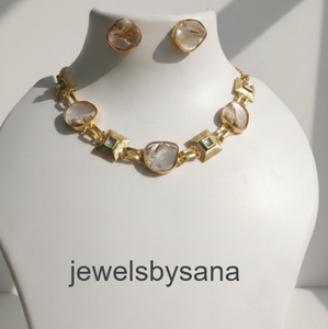 Elegant Handmade Gold Plated Brass MOP Tumble and Kundan Jewelry <b>Set</b> for Women, Designer Mother of <b>Pearl</b> Necklace and Earrings - Product Image 1