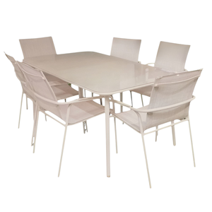 JUEGO DE MESA + 6 SILLAS DE METAL Y TEXTILENE CLAY - Product Image 1