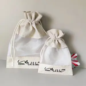 Linen Burlap Wine Gift Packing Bags Drawstring Wine Bag with Sheer Window for Wedding Christmas Birthday Party