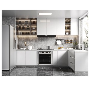مطبخ صغير تقليدي أمريكي بتصميم أنيق، أزرق اللون، مصنوع من الأكريليك والراتنج، مع سطح عمل، خزائن مطبخ معيارية، مفصلات، حوض، وصنبور. - Product Image 5
