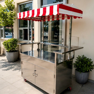 Chariot alimentaire en acier inoxydable avec auvent rouge et blanc, facile à installer, équipement de cuisine commercial - Product Image 1