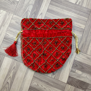 Wholesale Velvet Geometric <b>Potli</b> Bag Multi Color Embroidered Clutch Handbag 100% Pure Cotton Lining Braided Handle Drawstring - Product Image 2