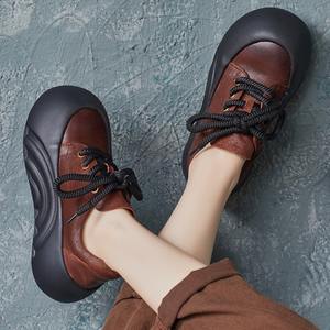 Chaussures plates décontractées pour femmes, style britannique, en cuir de vachette souple, à bout rond, à lacets, semelle souple, talon plat, plateforme, collection automne - Product Image 1