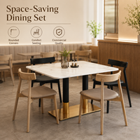 Ensemble de salle à manger, surface en pierre frittée blanche avec colonne à revêtement noir et doré, idéal pour les cafés, restaurants, zones alimentaires et salles de jeux modernes