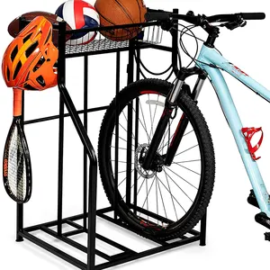 JH-Mech Suporte de bicicleta para 2 bicicletas Suporte de estacionamento com cestas de armazenamento e ganchos Suporte de bicicleta com rack 4