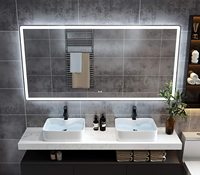 Cermin Kamar Mandi Persegi Panjang Modern Bercahaya Anti-Kabut dari Paduan Aluminium dengan Sakelar Sensor Sentuh LED untuk Salon, Hotel, Apartemen, Ruang Tamu