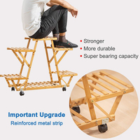 Support mobile à 4 niveaux et robuste pour décoration de jardin en bambou naturel avec roulettes, étagère pour pots de fleurs.