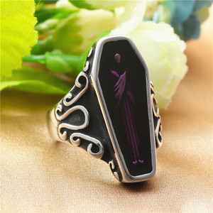Coffin Shape <b>Titanium</b> Steel <b>Ring</b> Retro Punk Style Unisex Jewelry Amethyst Inlay Bezel Setting Everyday Wear - Product Image 1