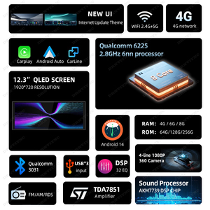 Autoradio Android Qualcomm 6225 12,3 pouces avec écran Carplay, stéréo universel, lecteur audio vidéo pour voiture, prise en charge de la caméra 360, GPS, WIFI, 4G - Product Image 2