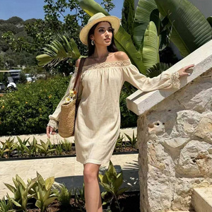 Fashion Design Off The Shoulder Lace Trim Women Mini <b>Dress</b> Puff Sleeve <b>Boho</b> Loose Fit <b>Summer</b> Casual Women's <b>Dress</b> - Product Image 5