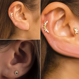 Pendientes de Plata de Ley 925 con Parte Posterior Plana en Oro para Cartílago |   Conjunto de Joyería para Piercing con Diseño de Hoja y Ojo Turco, con Circonitas Cúbicas y Rosca Interna - Product Image 3