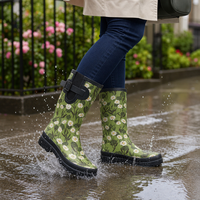 Bottes de pluie en caoutchouc pour femmes, imprimé marguerite verte tendance, avec boucle latérale réglable, imperméables, pour jardin et extérieur