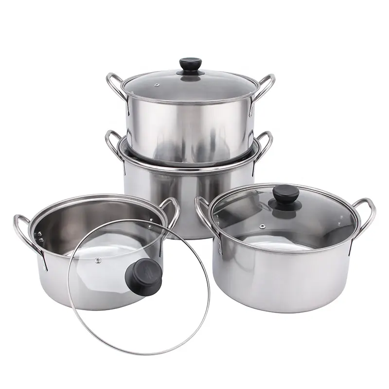 8PCS Stainless Steel Kitchenware with Glass Lid Shallow Stock Pot Set Cookware Sets Stainless High Quality Cooking Pots Set