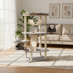 Torre Tiragraffi di Lusso Stile <span class=keywords><strong>Hotel</strong></span> per Gatti, Costruzione Premium in Peluche e Legno, Tiragraffi in Sisal per Alloggi VIP per Animali Domestici - Product Image 1